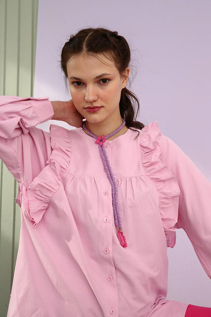 Light Pink Ruffle Detailed Cotton Crew Neck Shirt Tunic