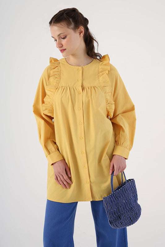 Yellow Ruffle Detailed Cotton Crew Neck Shirt Tunic