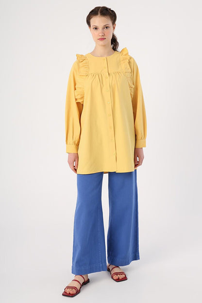 Yellow Ruffle Detailed Cotton Crew Neck Shirt Tunic