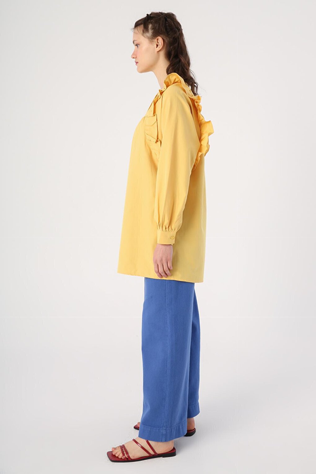 Yellow Ruffle Detailed Cotton Crew Neck Shirt Tunic