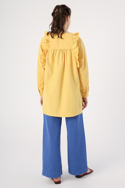 Yellow Ruffle Detailed Cotton Crew Neck Shirt Tunic