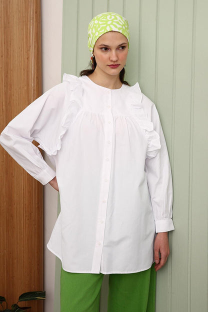 White Ruffle Detailed Cotton Crew Neck Shirt Tunic