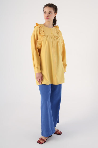 Yellow Ruffle Detailed Cotton Crew Neck Shirt Tunic