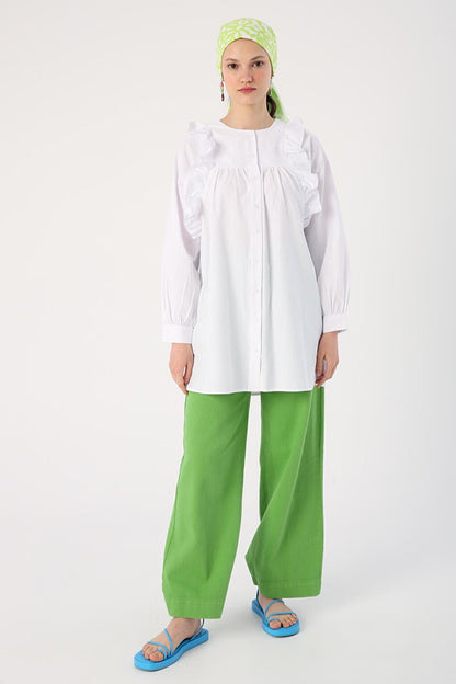 White Ruffle Detailed Cotton Crew Neck Shirt Tunic