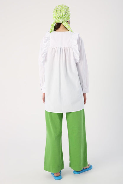 White Ruffle Detailed Cotton Crew Neck Shirt Tunic