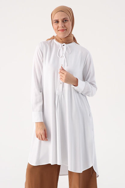 White Collar Channeled Half Placket Viscose Tunic