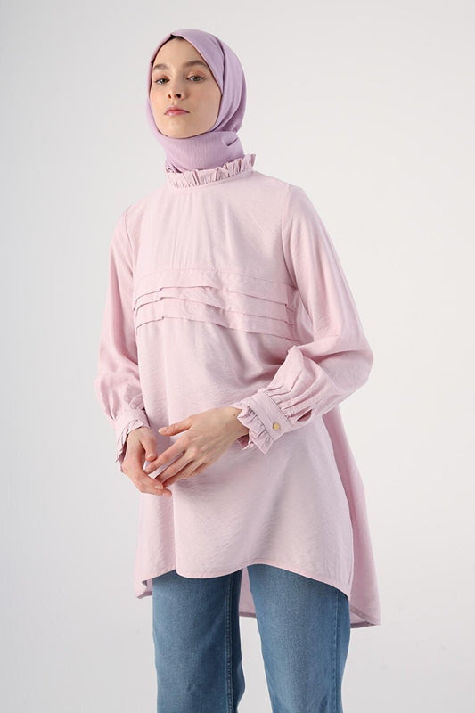 Light Pink, Ruffled Collar, Pleated Front, Comfortable Long Tunic