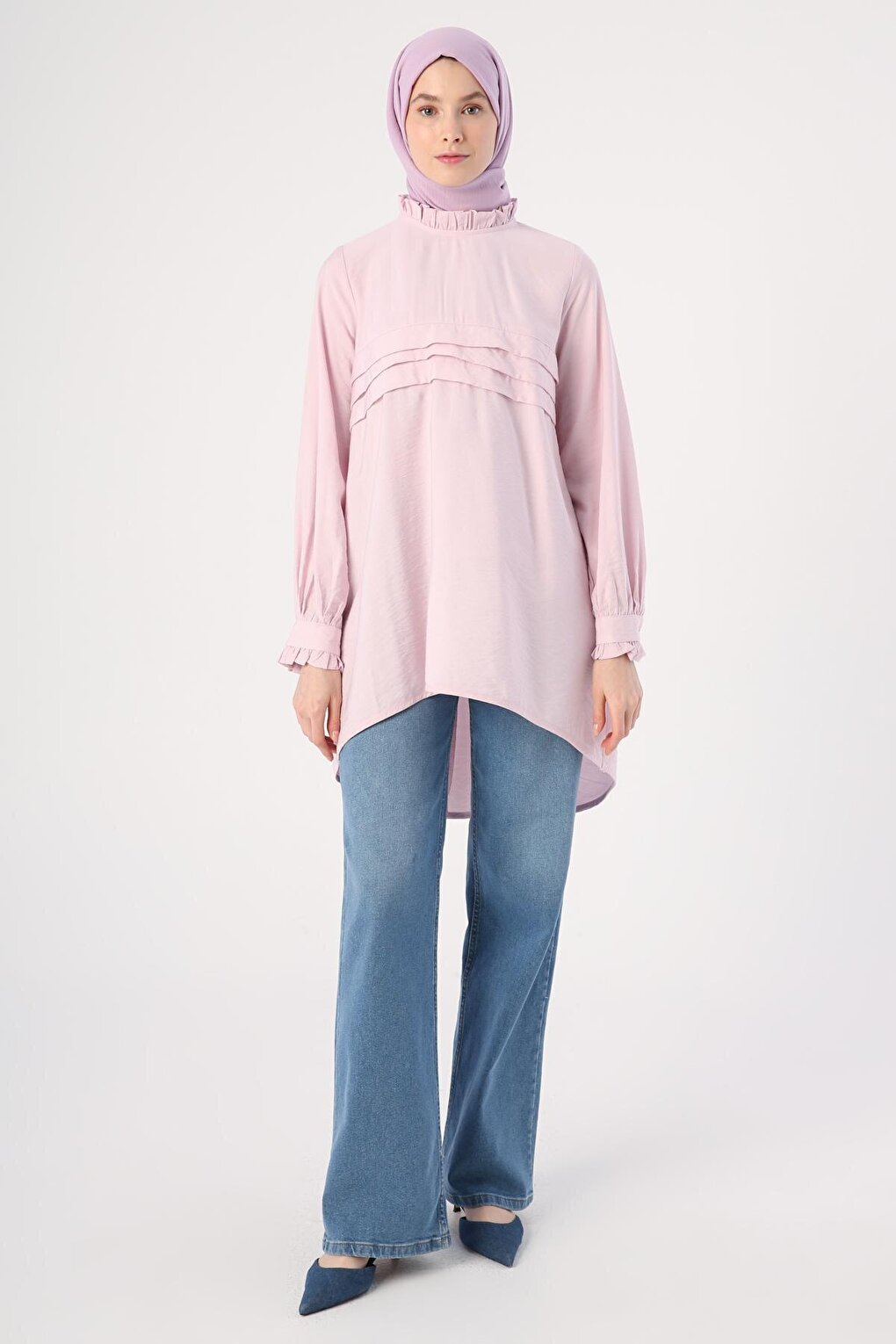 Light Pink, Ruffled Collar, Pleated Front, Comfortable Long Tunic