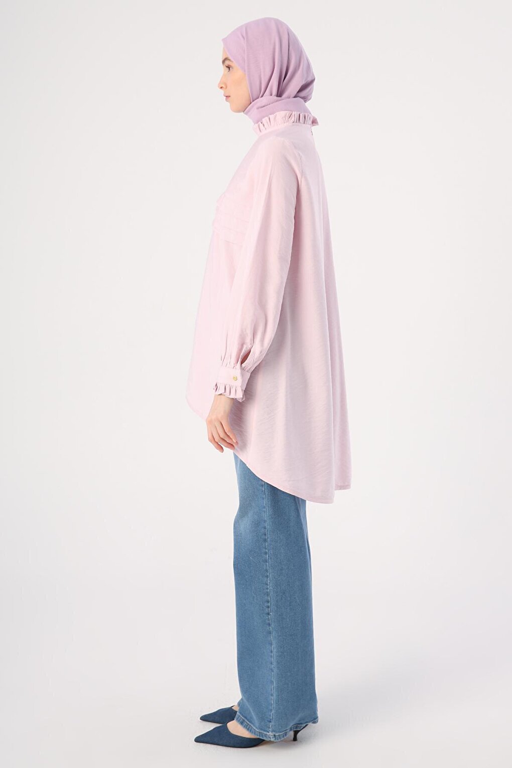 Light Pink, Ruffled Collar, Pleated Front, Comfortable Long Tunic