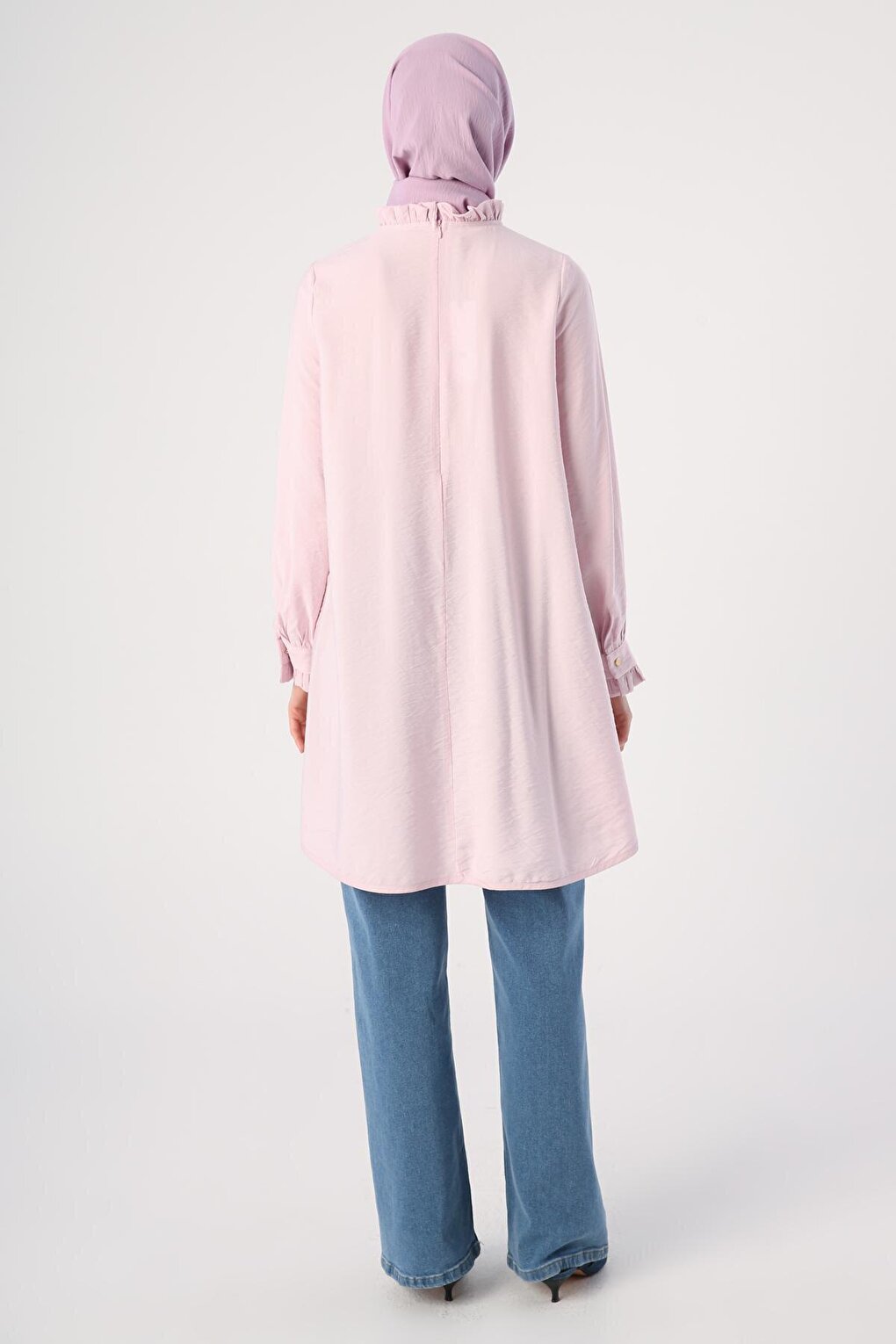 Light Pink, Ruffled Collar, Pleated Front, Comfortable Long Tunic