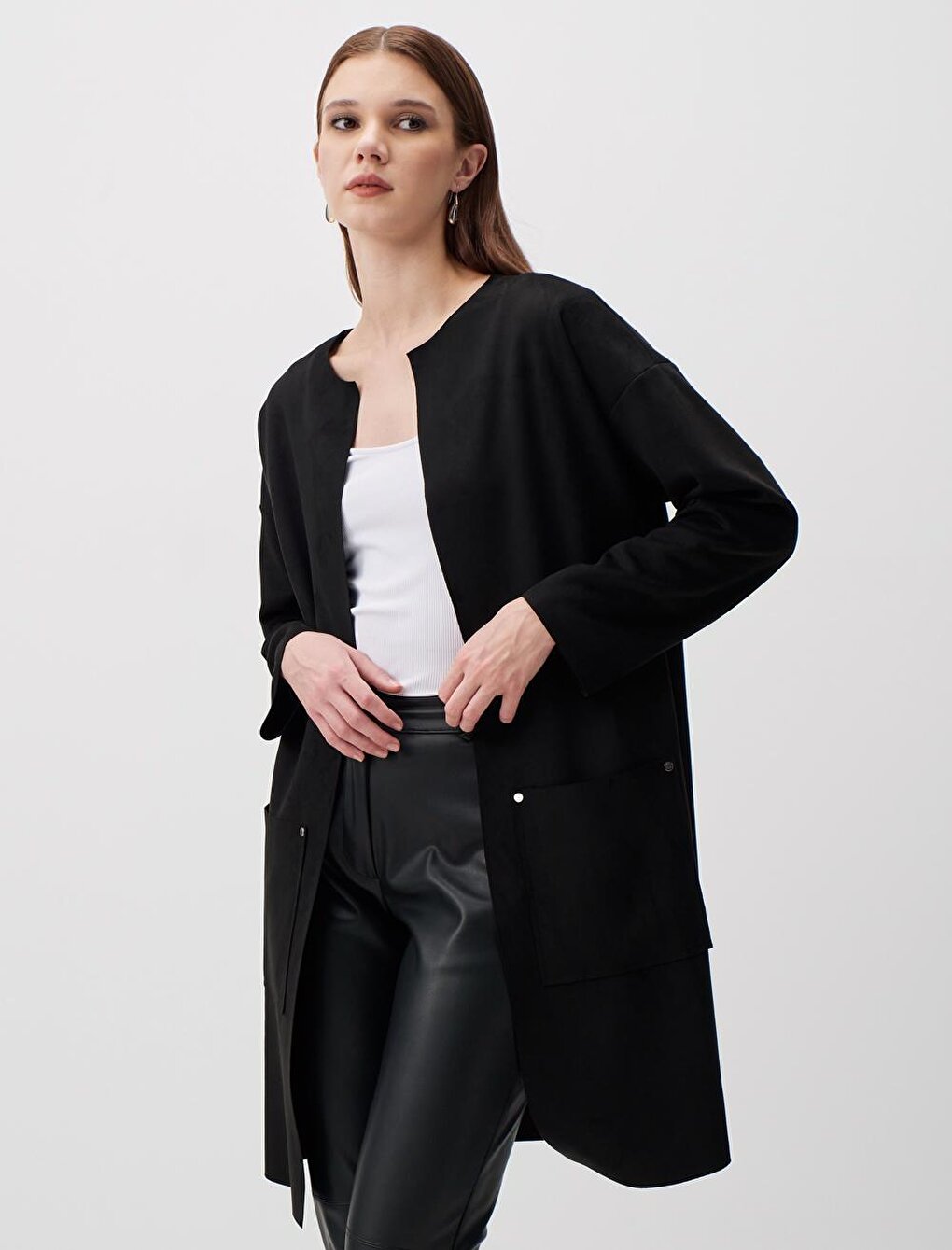 Black Straight Cut Suede Long Jacket