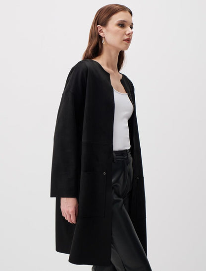 Black Straight Cut Suede Long Jacket