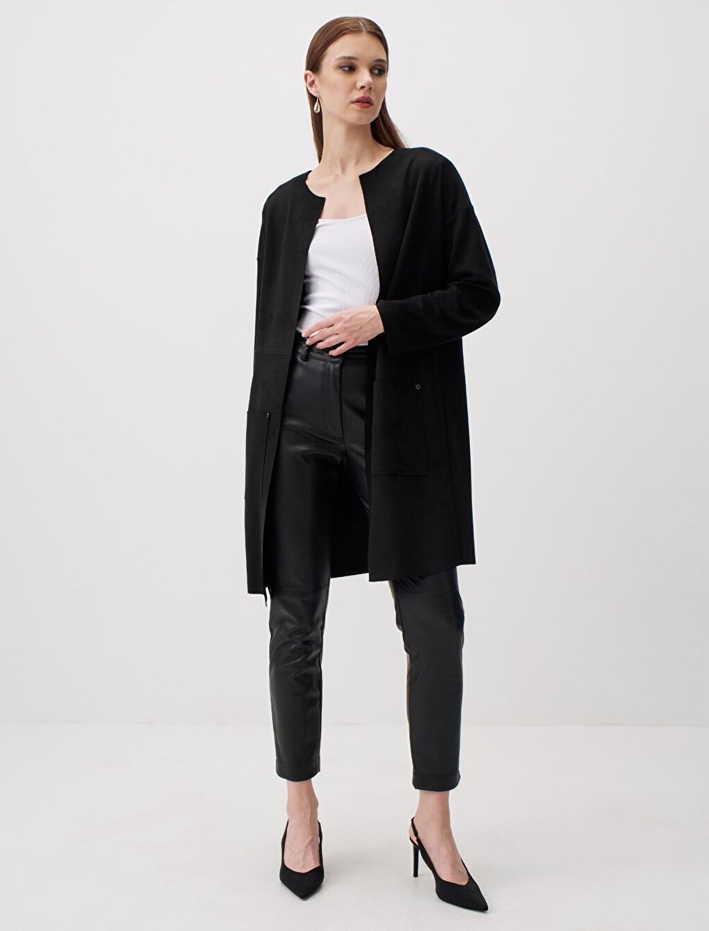 Black Straight Cut Suede Long Jacket