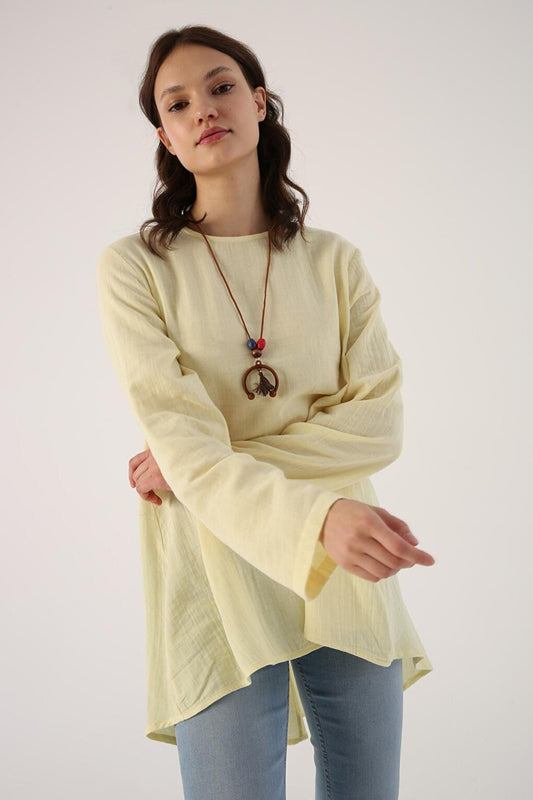 Light Yellow 100% Cotton Buttoned Necklace Tunic