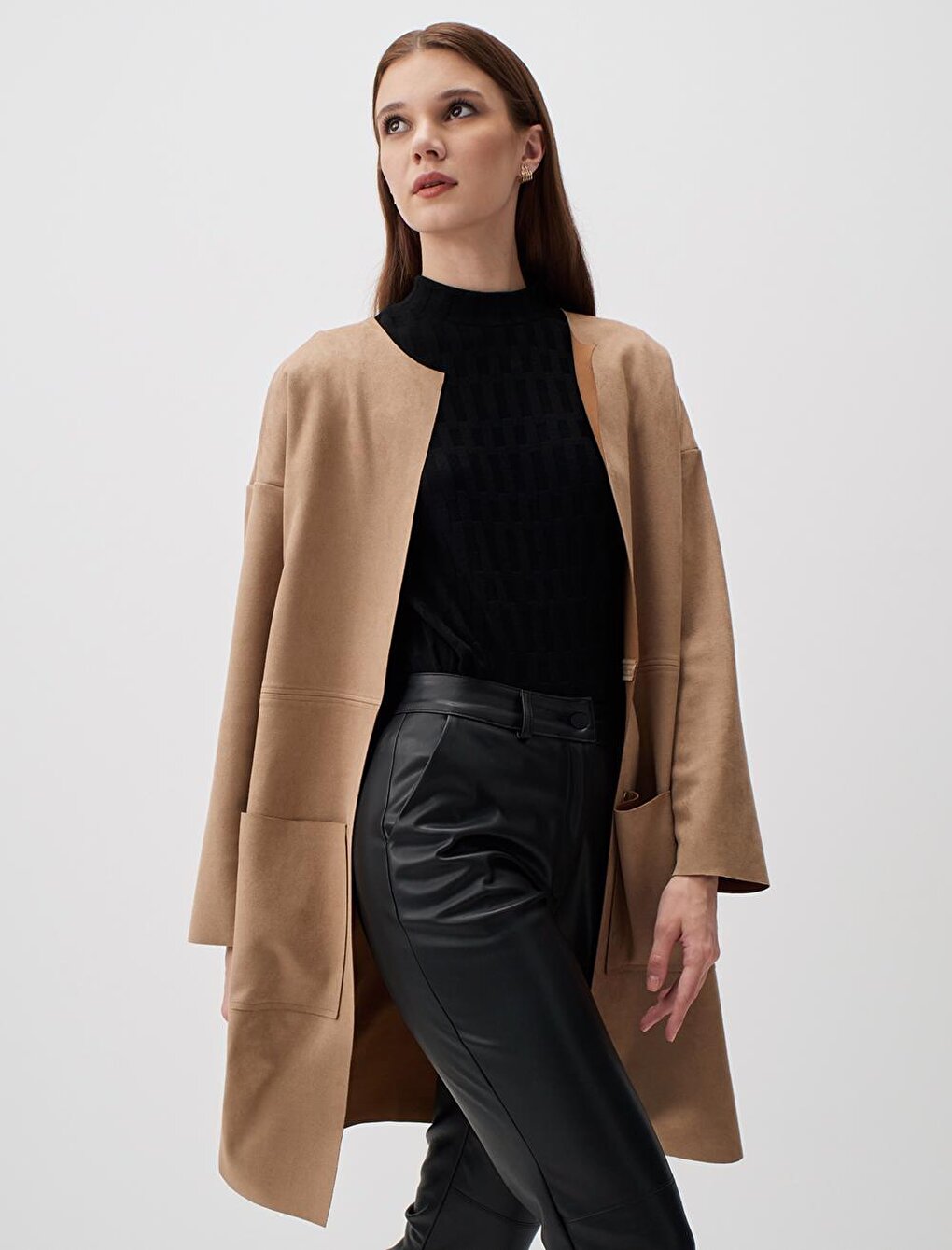 Dark Beige Straight Cut Suede Long Jacket