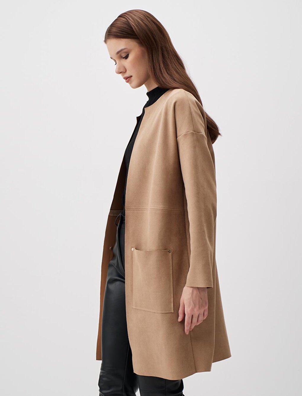 Dark Beige Straight Cut Suede Long Jacket