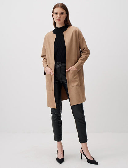 Dark Beige Straight Cut Suede Long Jacket