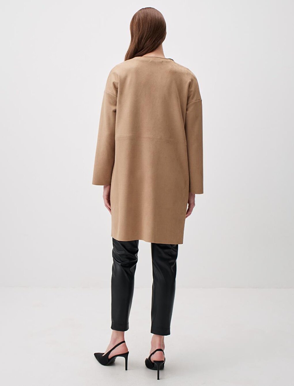 Dark Beige Straight Cut Suede Long Jacket