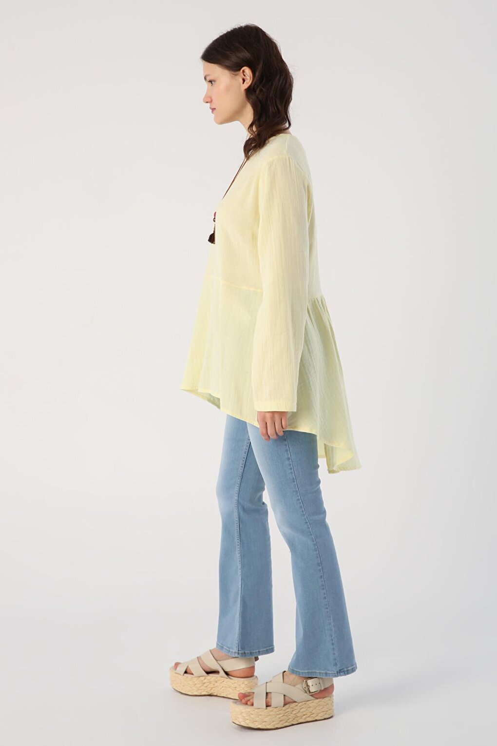 Light Yellow 100% Cotton Buttoned Necklace Tunic