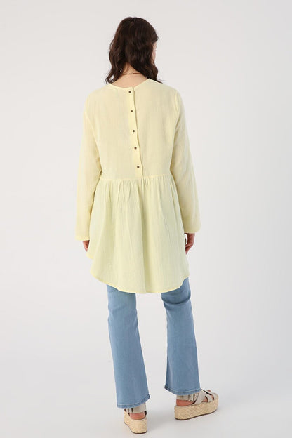 Light Yellow 100% Cotton Buttoned Necklace Tunic