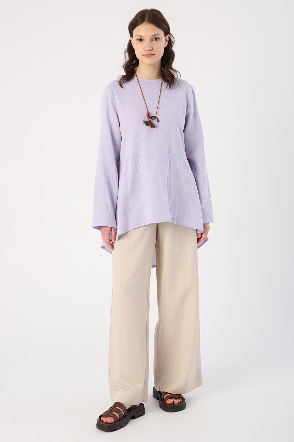 Lilac 100% Cotton Button Back Tunic with Necklace