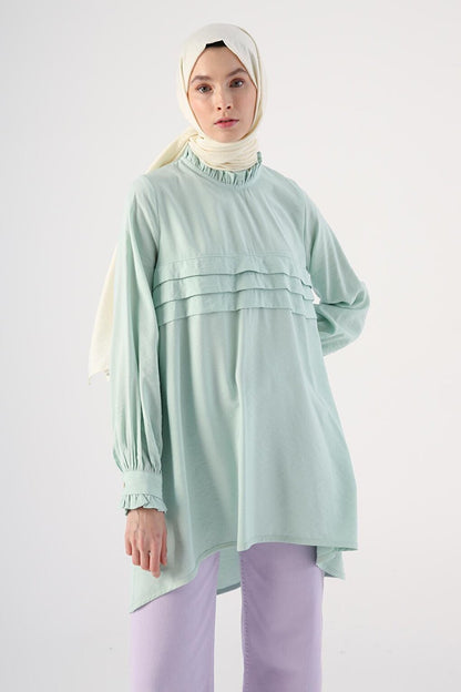 Light Green Frilled Collar and Pleated Front Comfortable Long Tunic