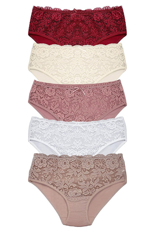 Cotton Front Waist Lace Detail Women's Panties 5-Piece