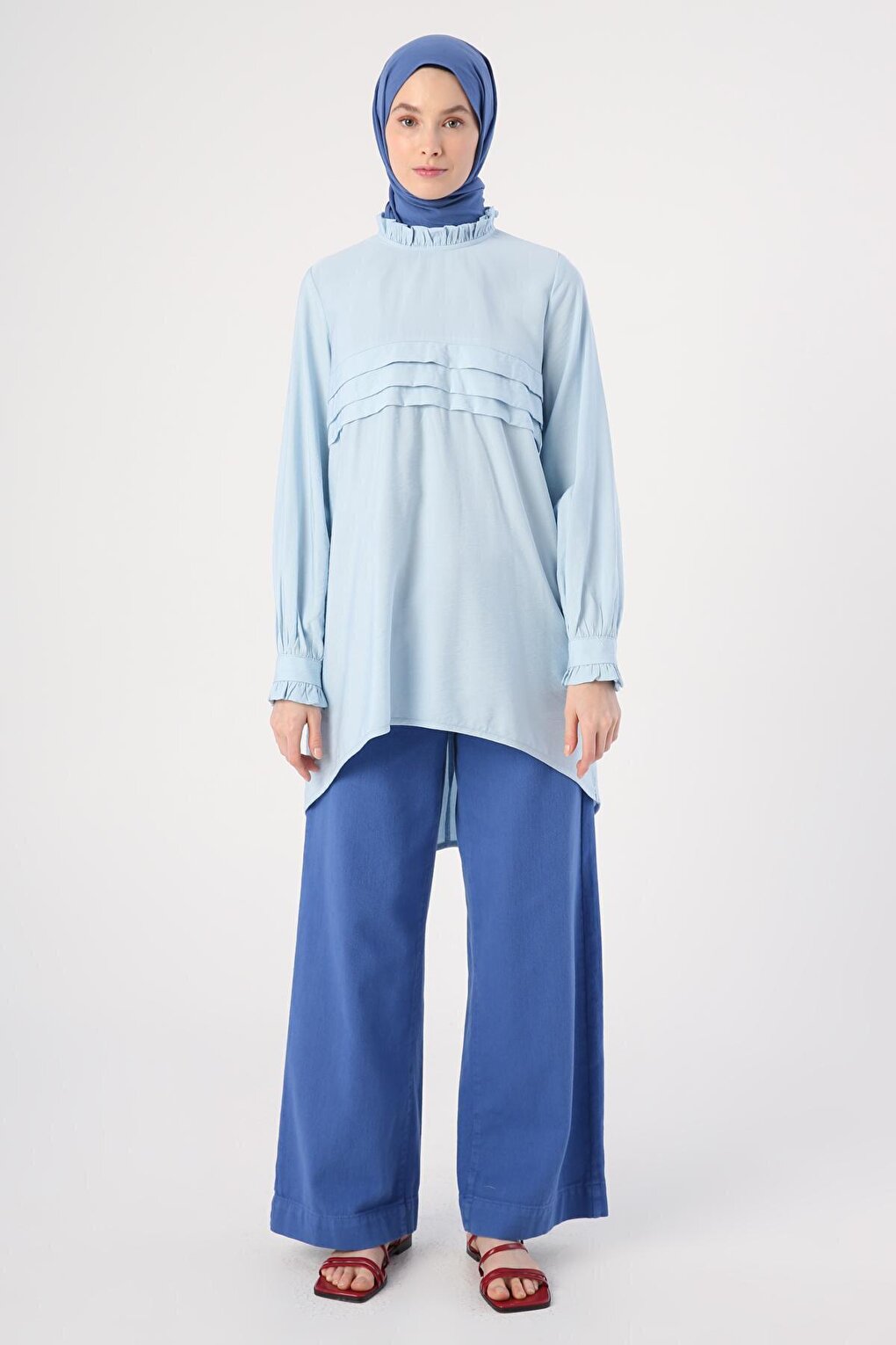 Light Blue Frilled Collar and Pleated Front Comfortable Long Tunic