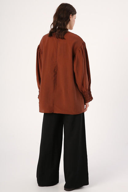 Brown Gipe Elastic Sleeve Detailed Crew Neck Tunic