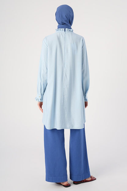 Light Blue Frilled Collar and Pleated Front Comfortable Long Tunic