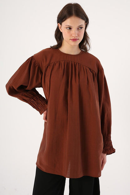 Brown Gipe Elastic Sleeve Detailed Crew Neck Tunic