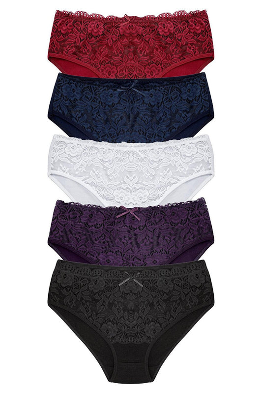 Cotton Front Waist Lace Detail Women's Panties 5-Piece