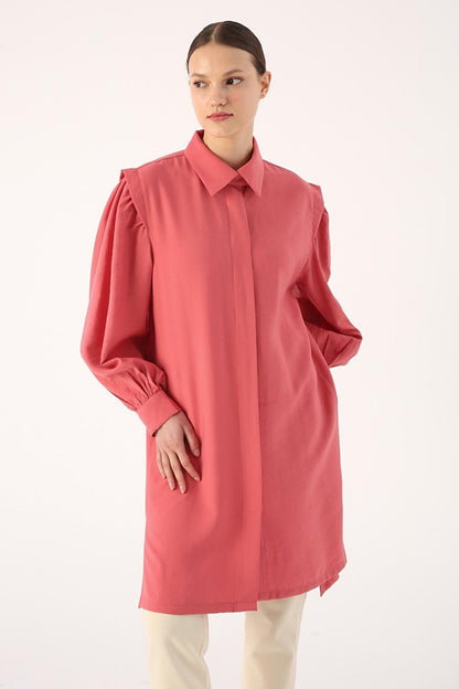 Pink Shirt Tunic with Gathered Sleeves and Slits