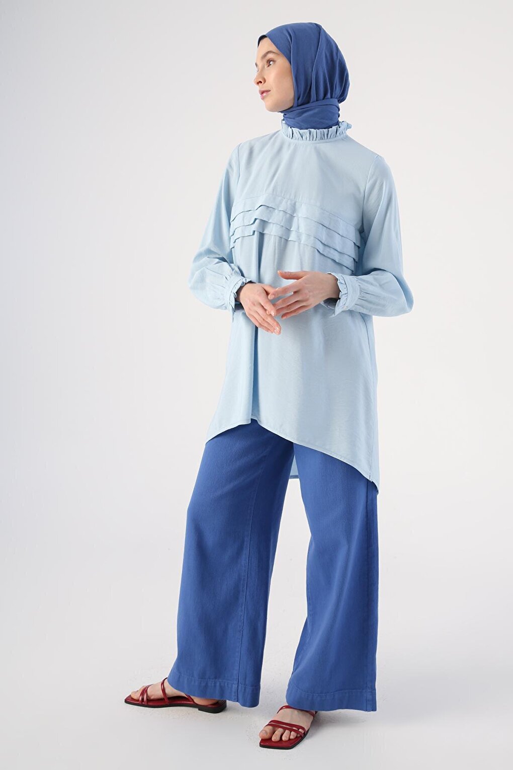 Light Blue Frilled Collar and Pleated Front Comfortable Long Tunic