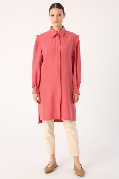 Pink Shirt Tunic with Gathered Sleeves and Slits