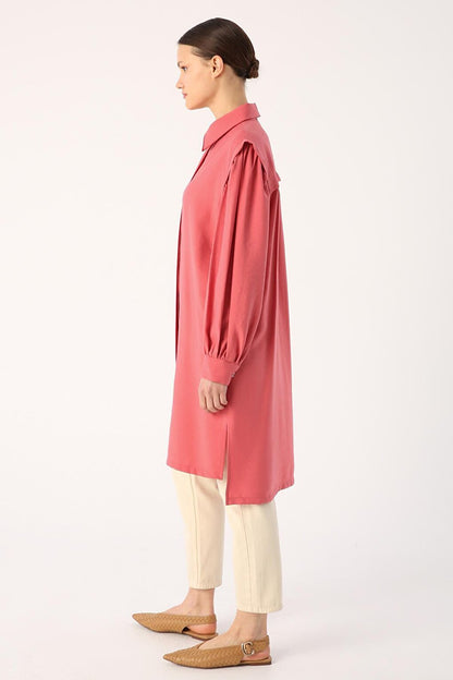 Pink Shirt Tunic with Gathered Sleeves and Slits