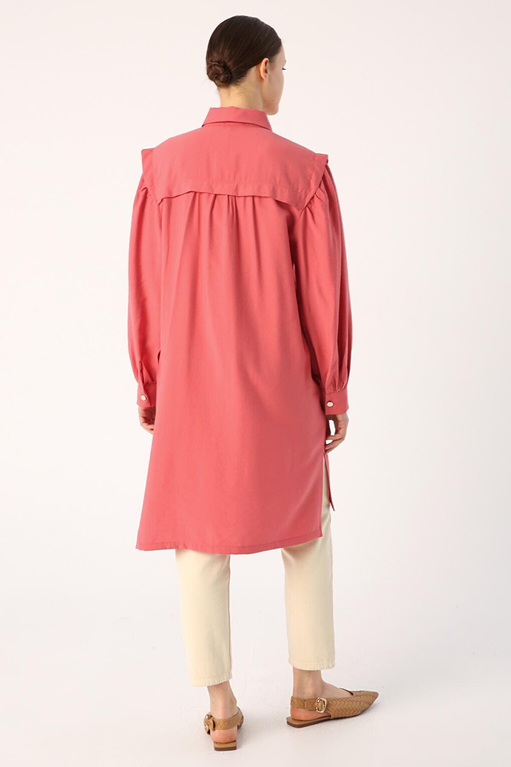 Pink Shirt Tunic with Gathered Sleeves and Slits