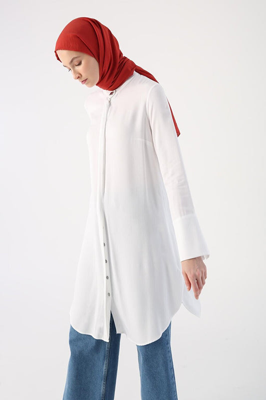 White Stylish Buttoned Wide Cuff Shirt Tunic