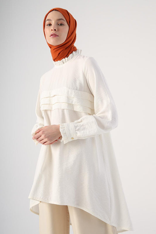 Off-White, Ruffled Collar, Pleated Front, Comfortable Long Tunic