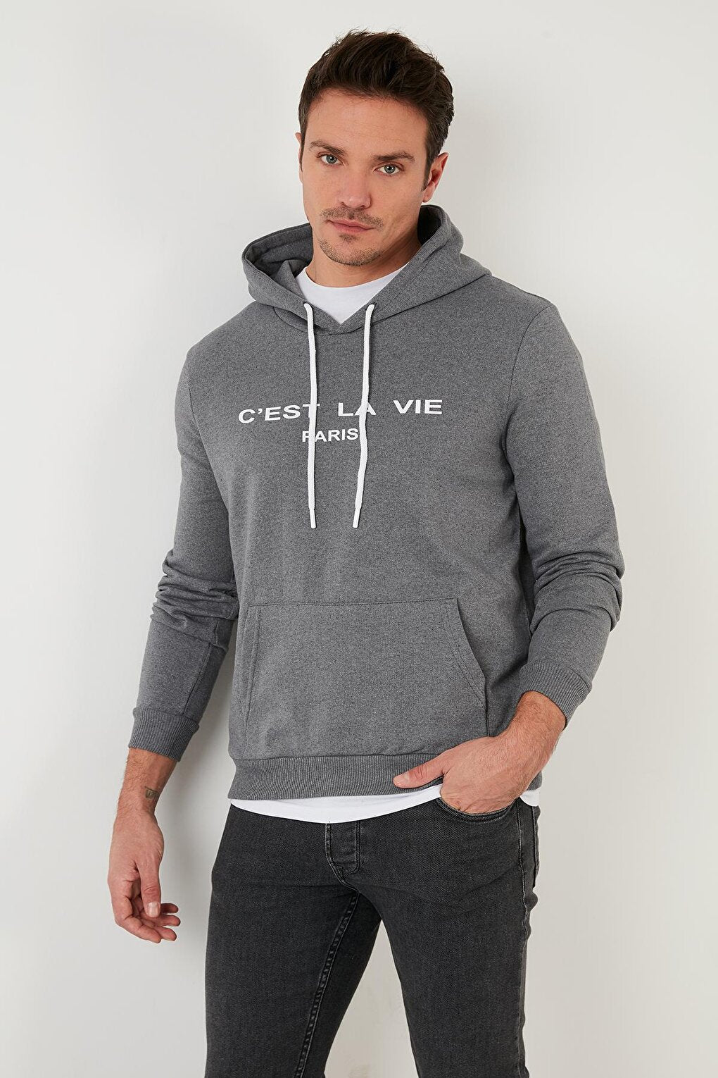 Slim Fit Hooded Kangaroo Pocket Lined Lined Sweat 568R705