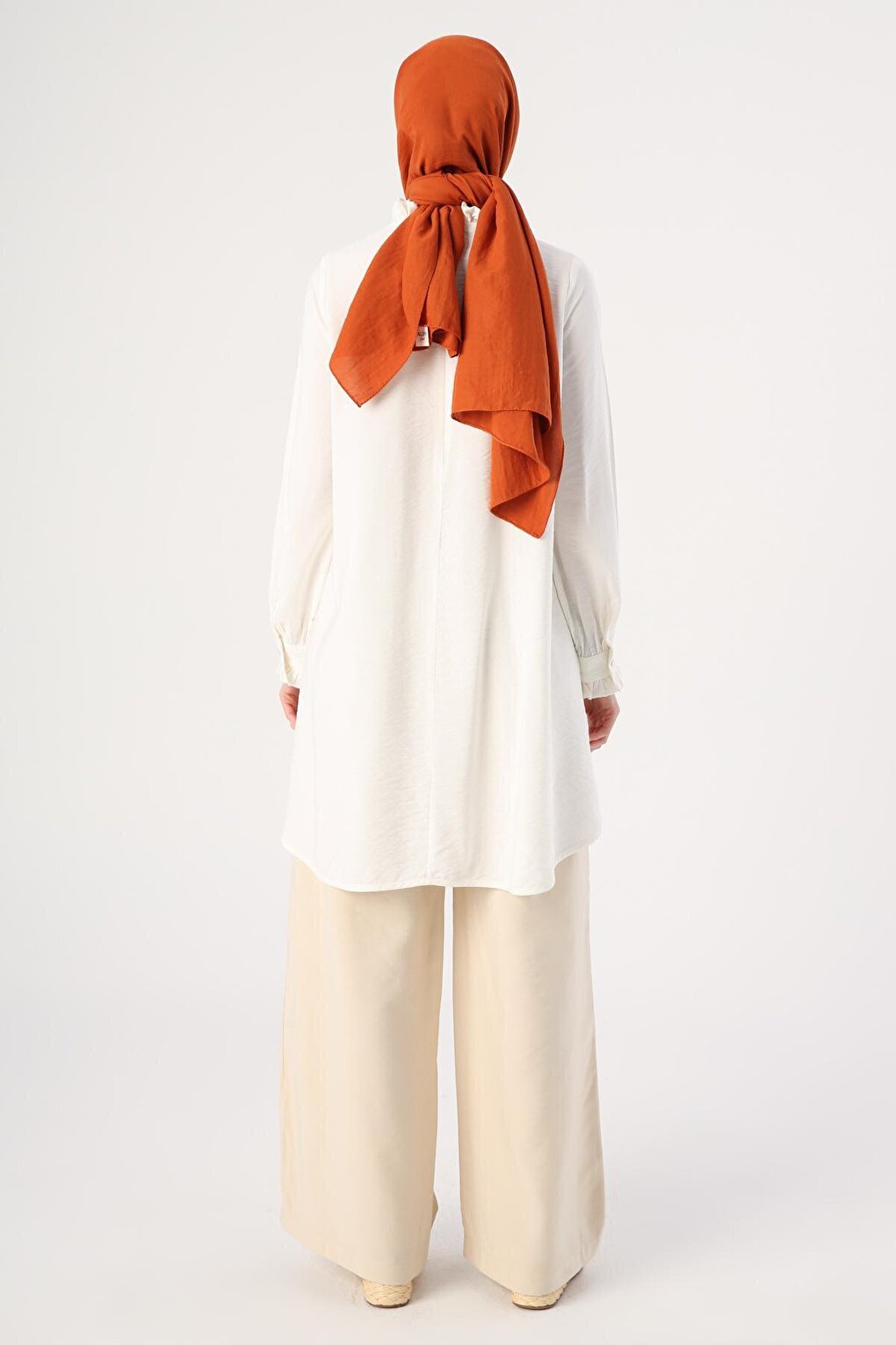 Off-White, Ruffled Collar, Pleated Front, Comfortable Long Tunic