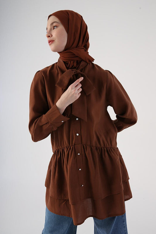 Brown Scarf Collar Frilly Button Tunic