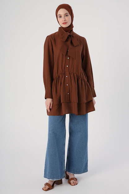 Brown Scarf Collar Frilly Button Tunic