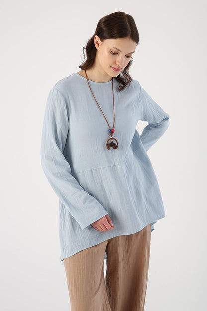 Blue 100% Cotton Buttoned Necklace Tunic