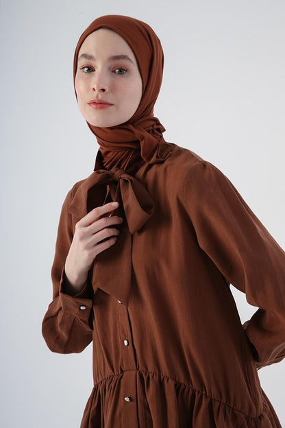 Brown Scarf Collar Frilly Button Tunic