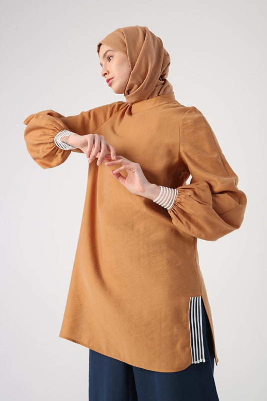 Camel Tulle Elastic Detailed High Collar Natural Fabric Tunic