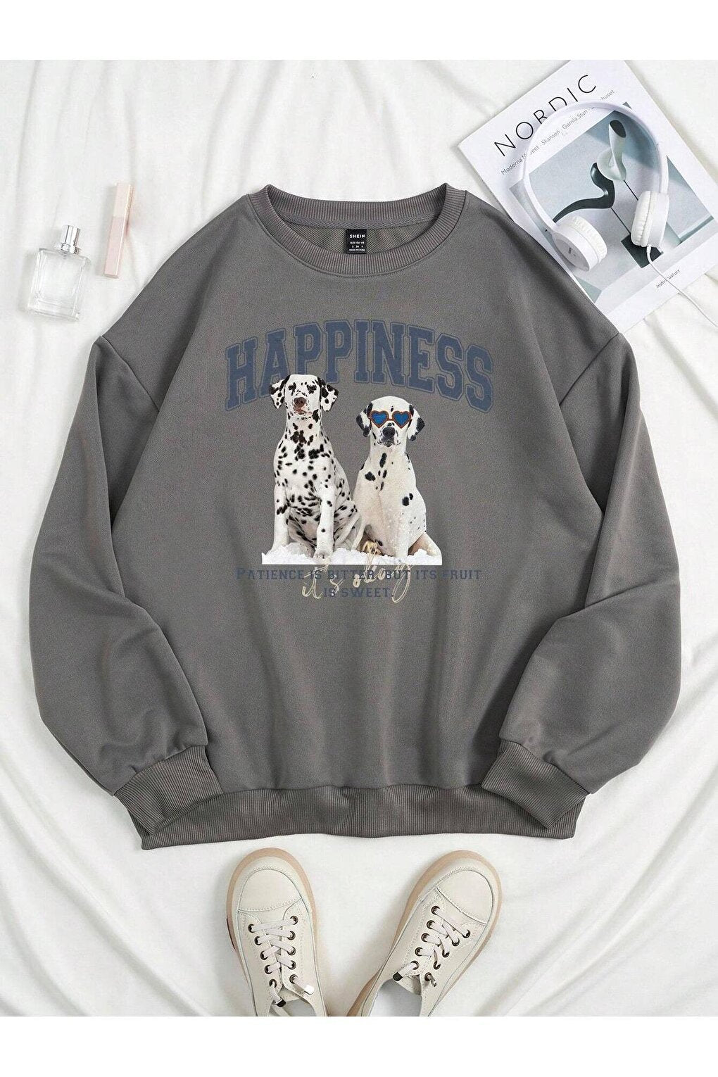 Women's Gray Dalmatian Printed Crew Neck Sweatshirt