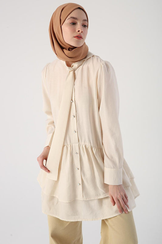 Ecru Scarf Collar Frilly Button Tunic