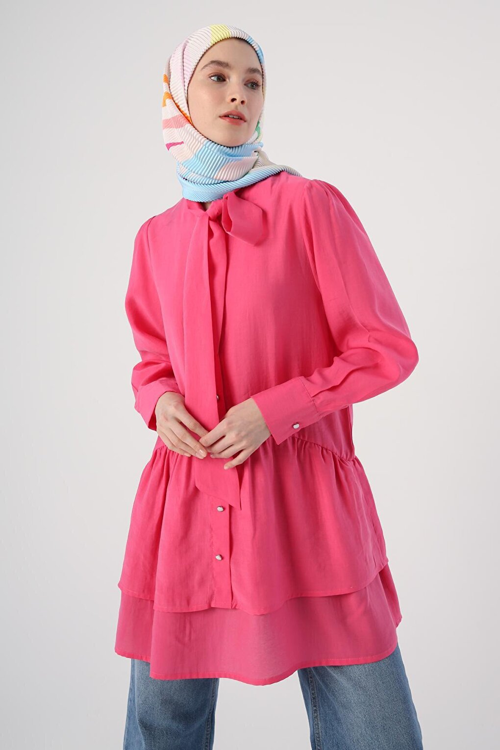 Fuchsia Scarf Collar Frilly Button Tunic