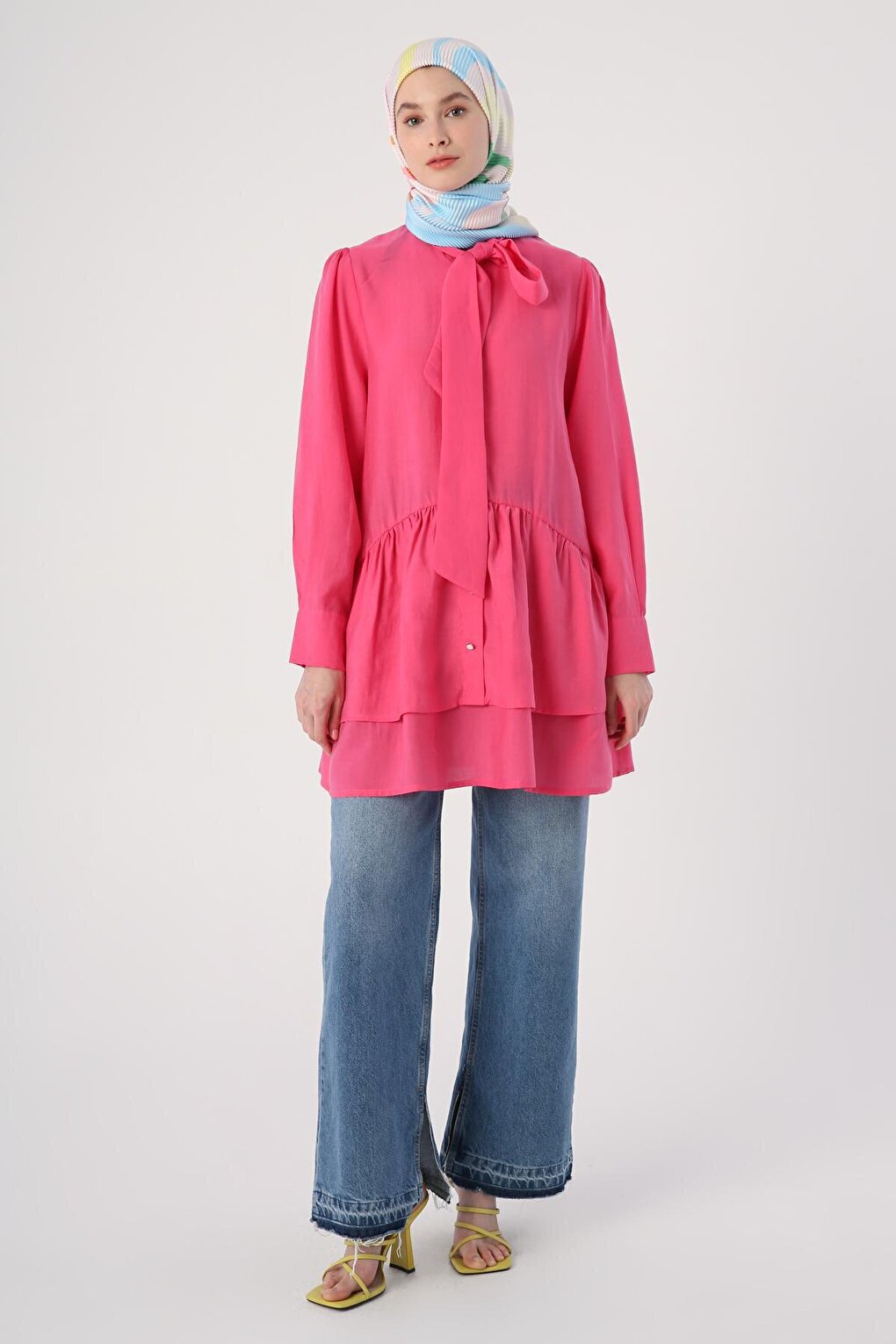 Fuchsia Scarf Collar Frilly Button Tunic